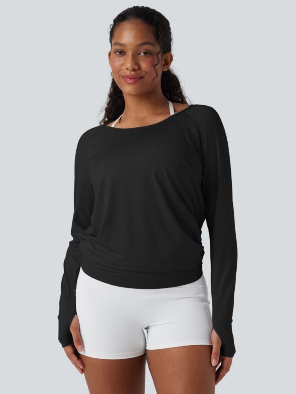 Halara Cut Out Back Thumb Hole Ruched Relax Fit Yoga Top - Picture 2 of 9